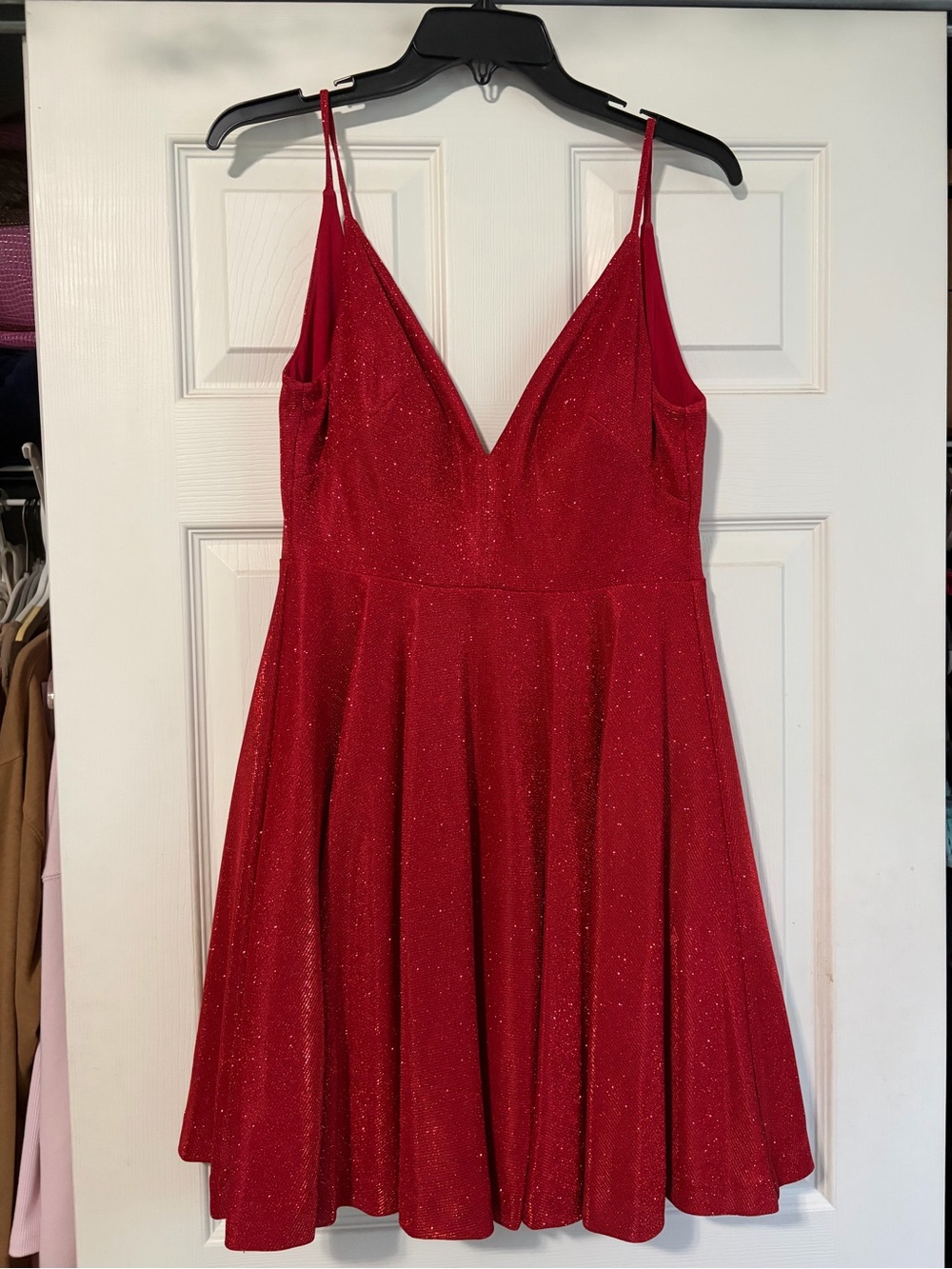 Women’s Glitter Red V-Neck Spaghetti Strap Mini Dress